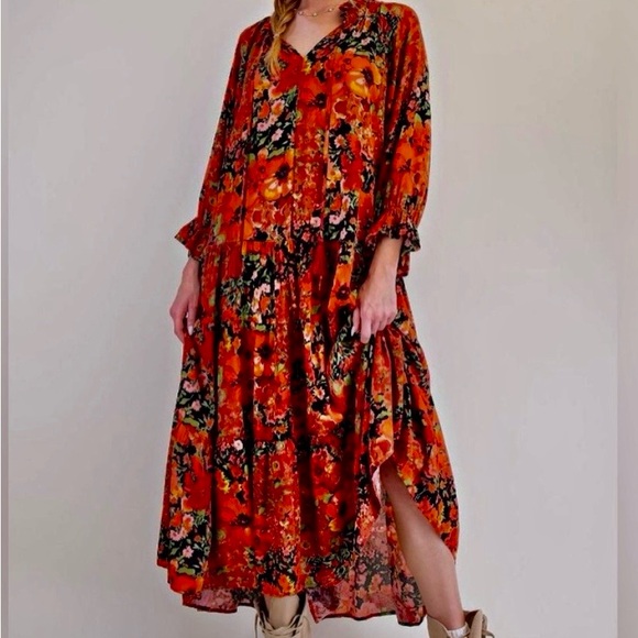 Easel Floral Midi Dress in dark orange/blk/green and a bit of gold. - Picture 3 of 8